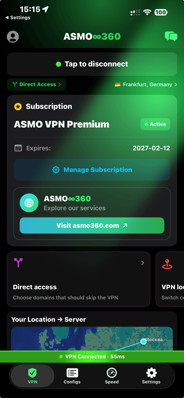 ASMO360 VPN app — connected